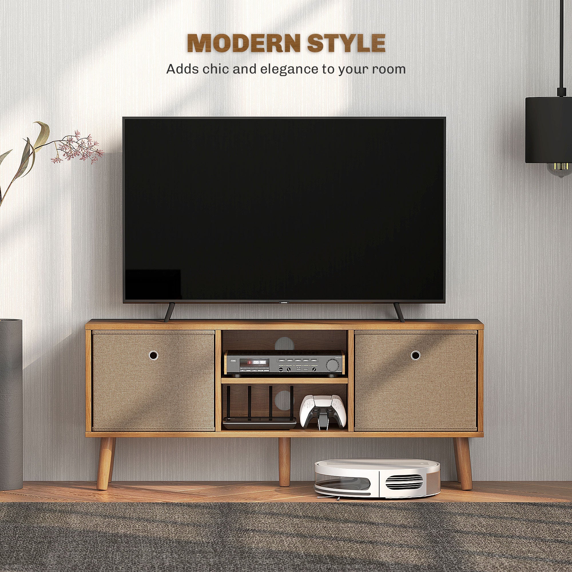 TV cabinet with open center shelf and fabric side panels; rustic brown wood frame