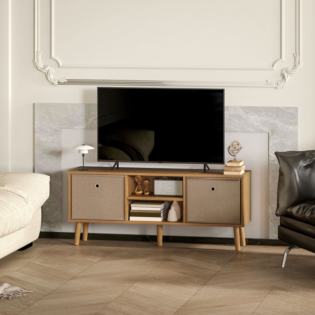 Brown TV cabinet with open media shelf, fabric side doors, and two storage drawers