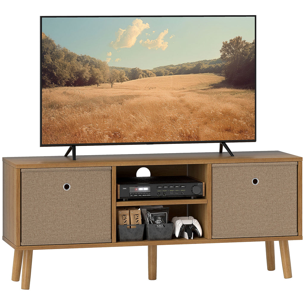 Modern media cabinet with open center shelf, fabric side doors, and wooden base legs in brown