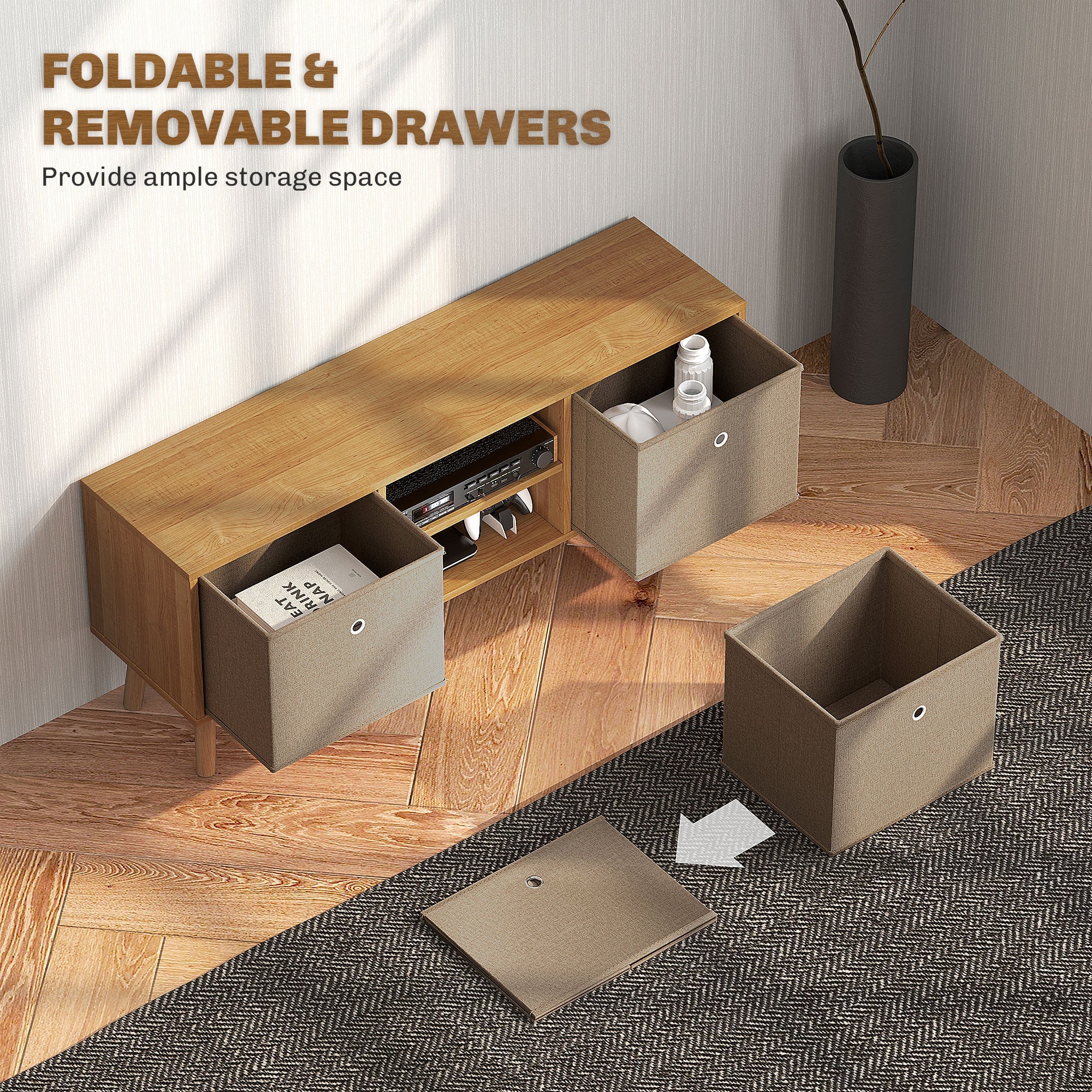 TV cabinet with removable folding drawers and fabric storage bins, rustic wood frame
