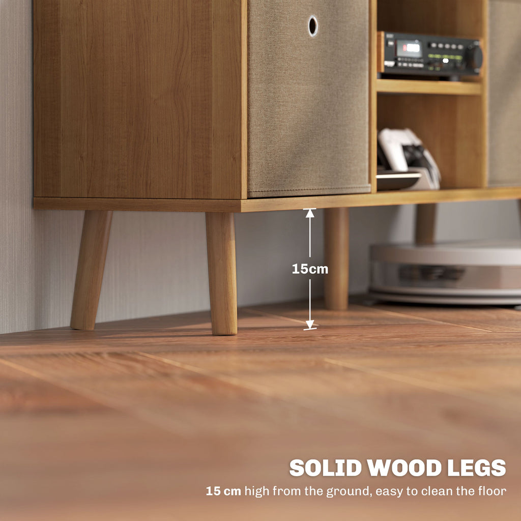 Close-up of TV cabinet cabinet door panel and fabric insert with wooden legs