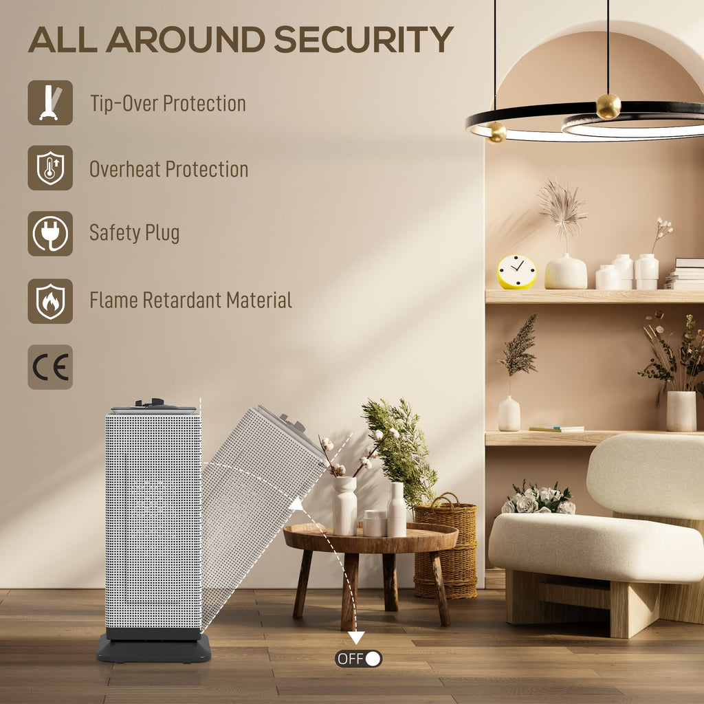 Black ceramic electric heater with perforated sides and safety features displayed