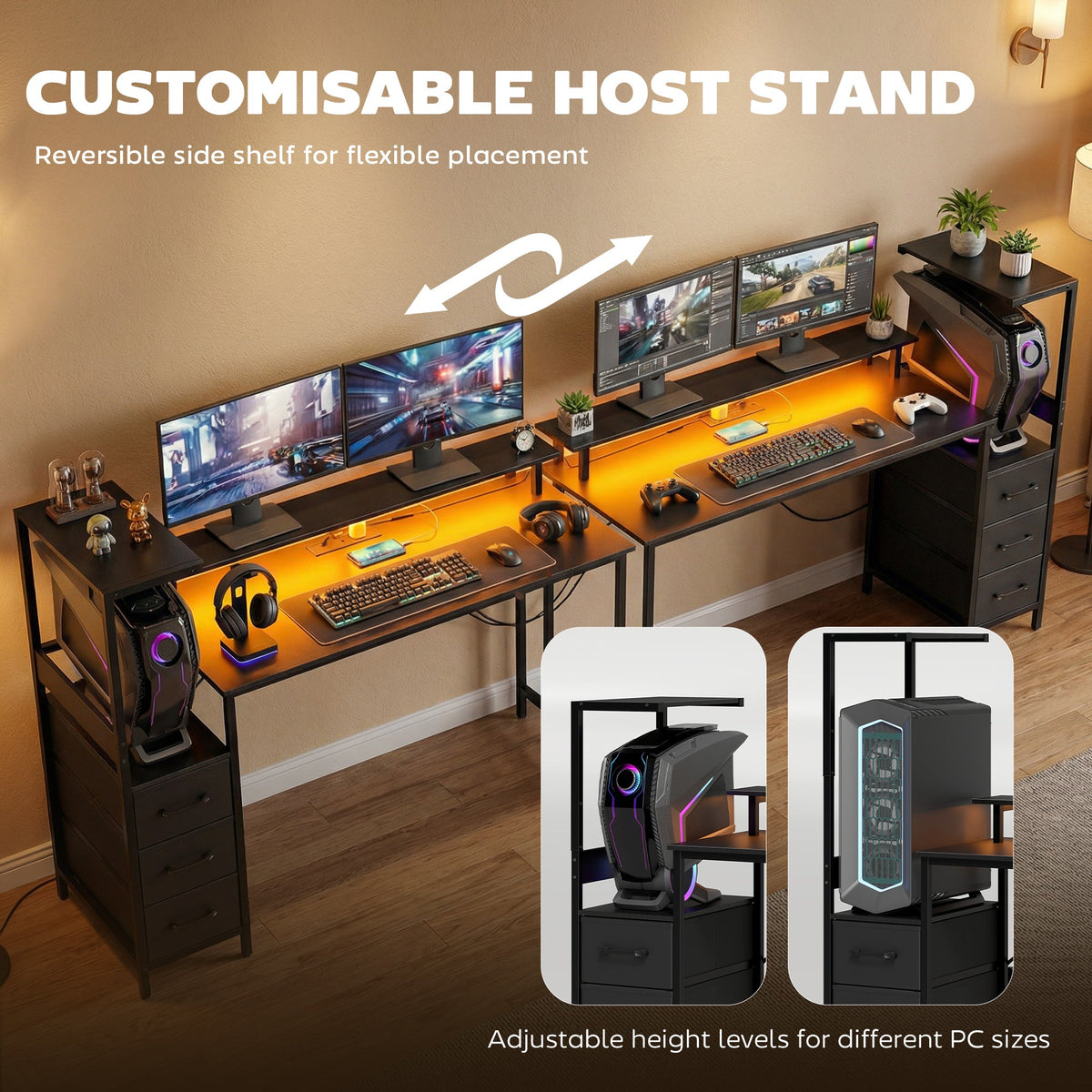 Black gaming desk with adjustable monitor stand and reversible side shelf storage