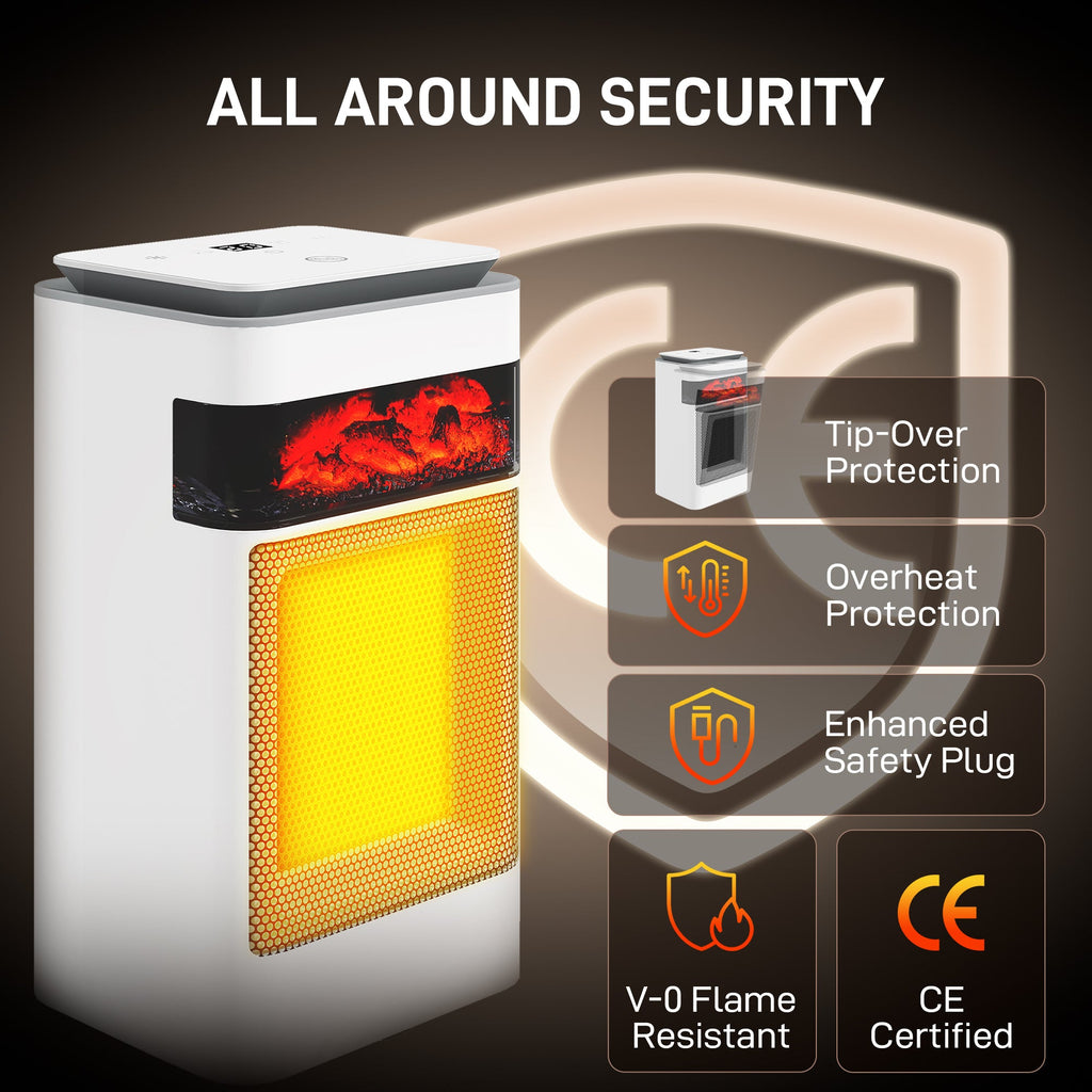 White ceramic electric heater with flame effect and safety protection callouts near the unit