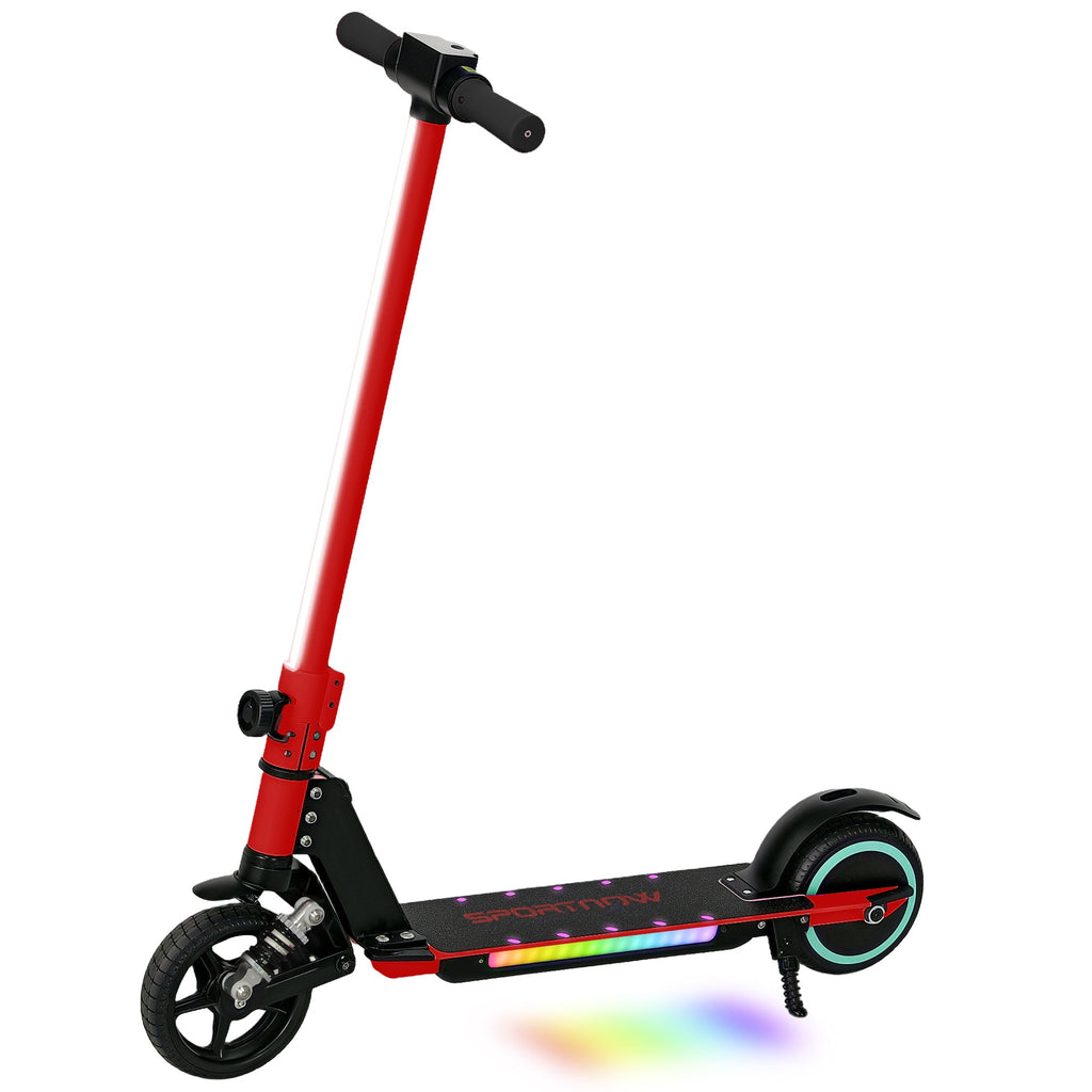 Folding electric scooter with red frame and black deck, side view