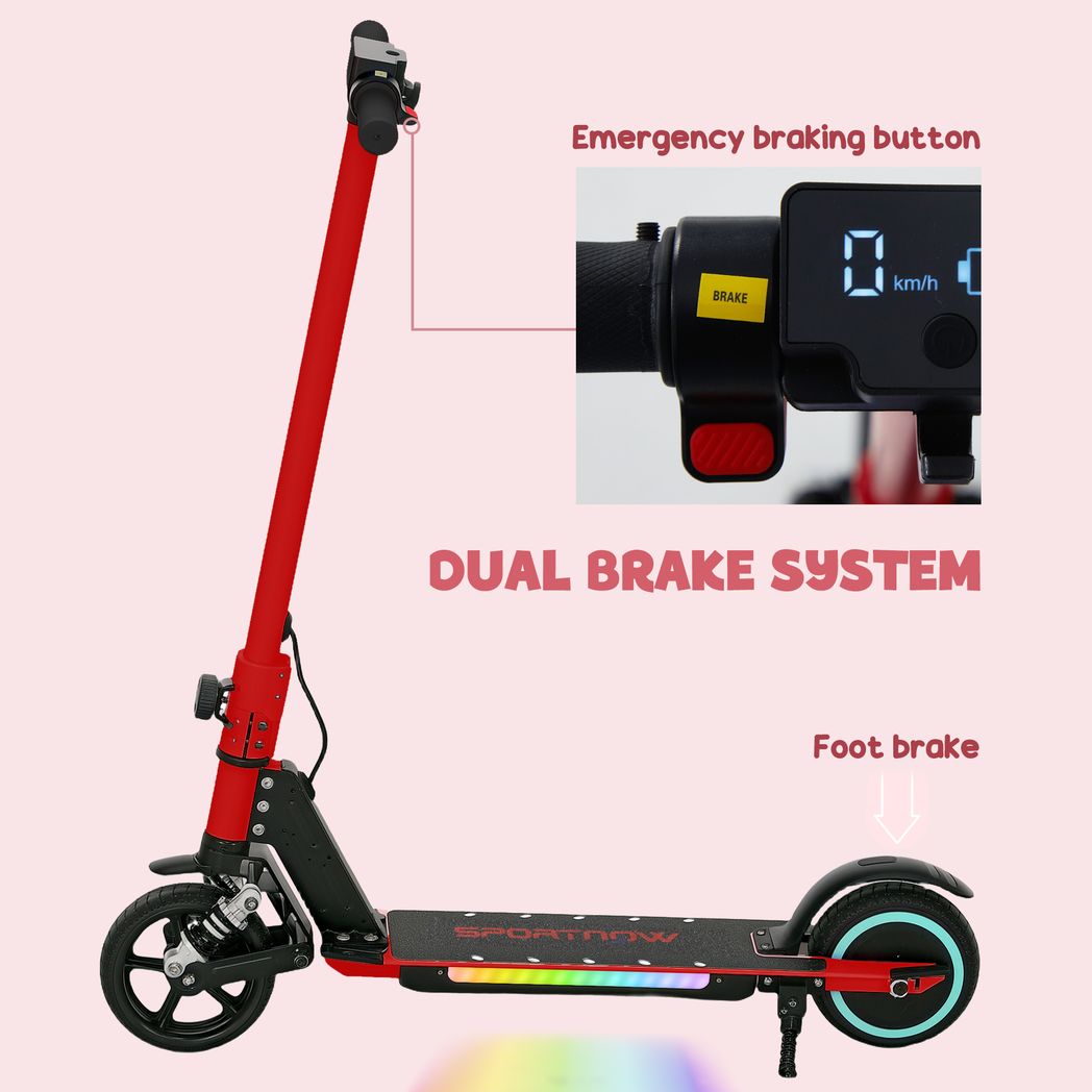 Red folding electric scooter with dual braking controls and illuminated speed display