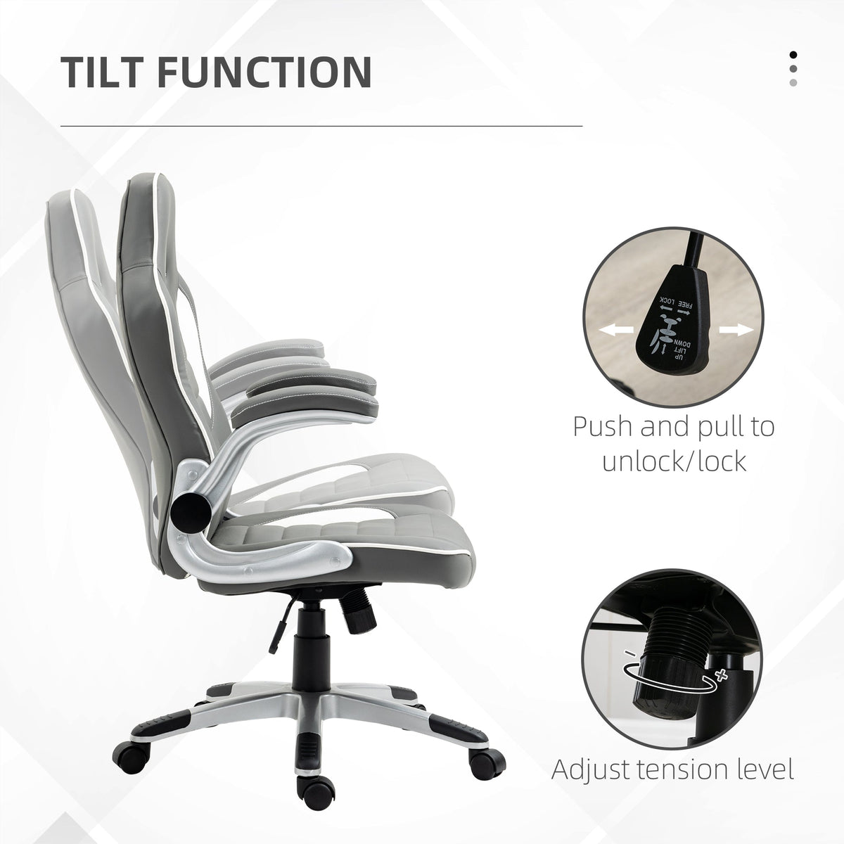 Grey office chair showing tilt function with padded back, push-pull lock, and swivel casters