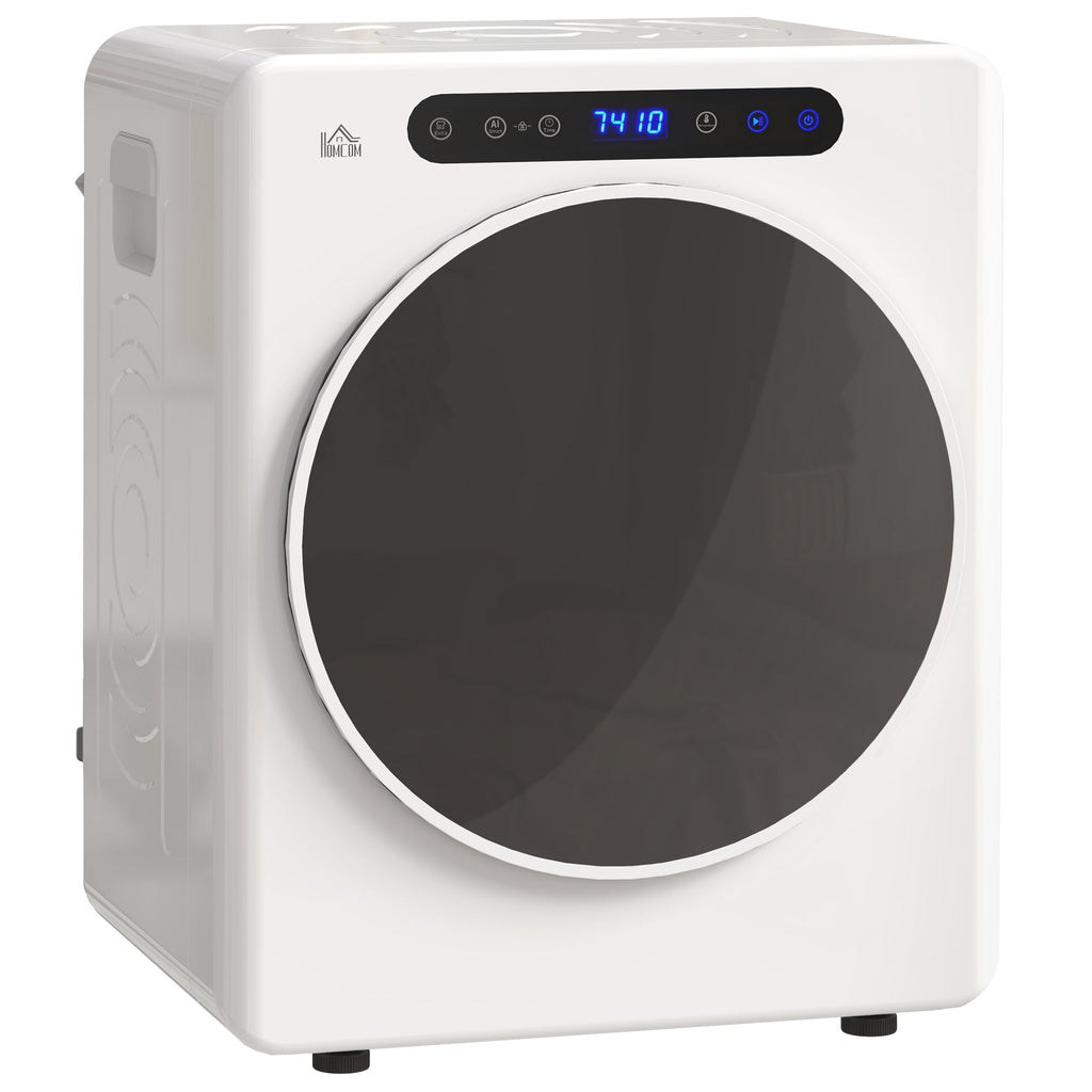 White front-load vented tumble dryer with round glass door and control panel display