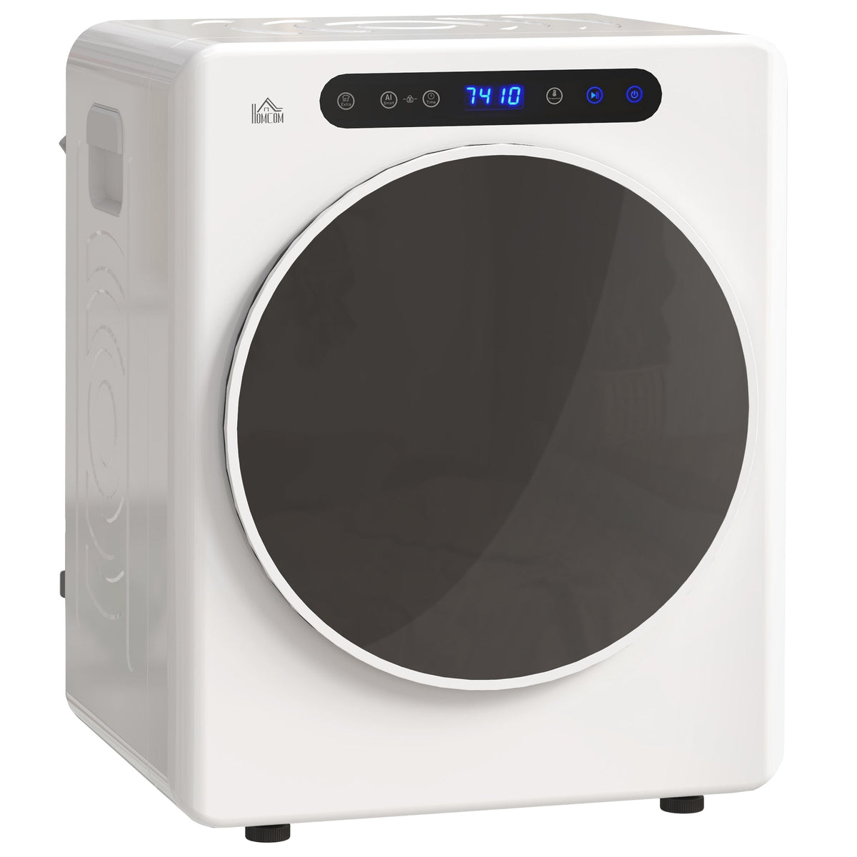 White front-load vented tumble dryer with round glass door and control panel display