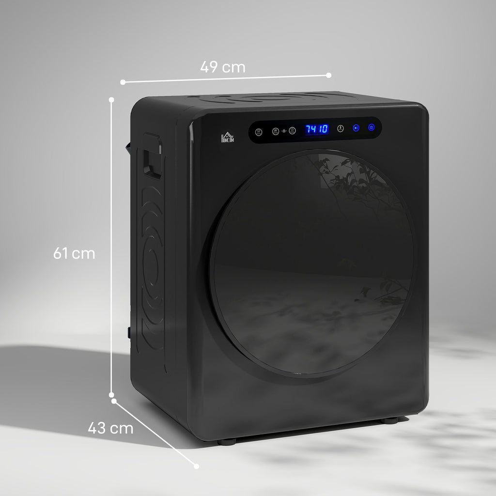 Black compact tumble dryer with front glass door and control panel, angled view