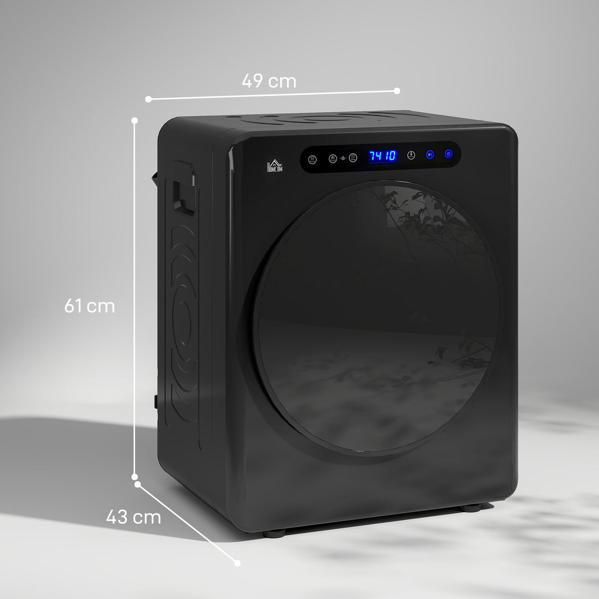 Black compact tumble dryer with front glass door and control panel, angled view