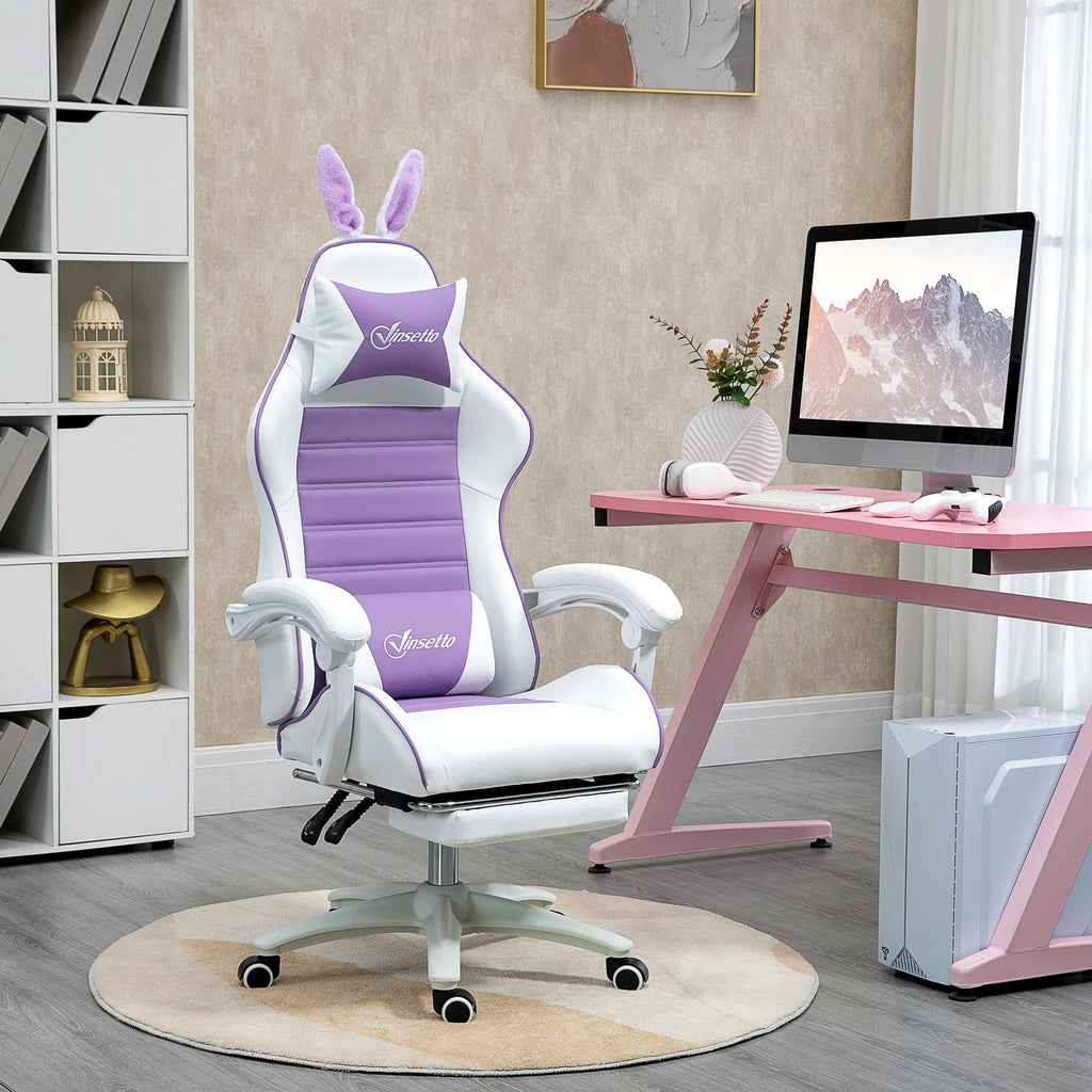 Purple and white racing gaming chair with detachable rabbit ears and padded headrest.