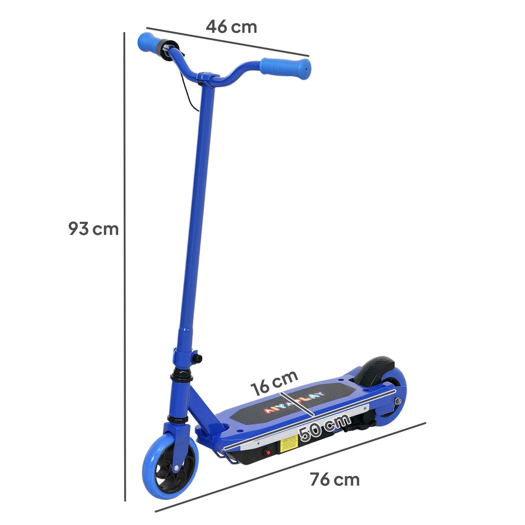 Blue electric scooter with handlebar and deck shown with size measurements