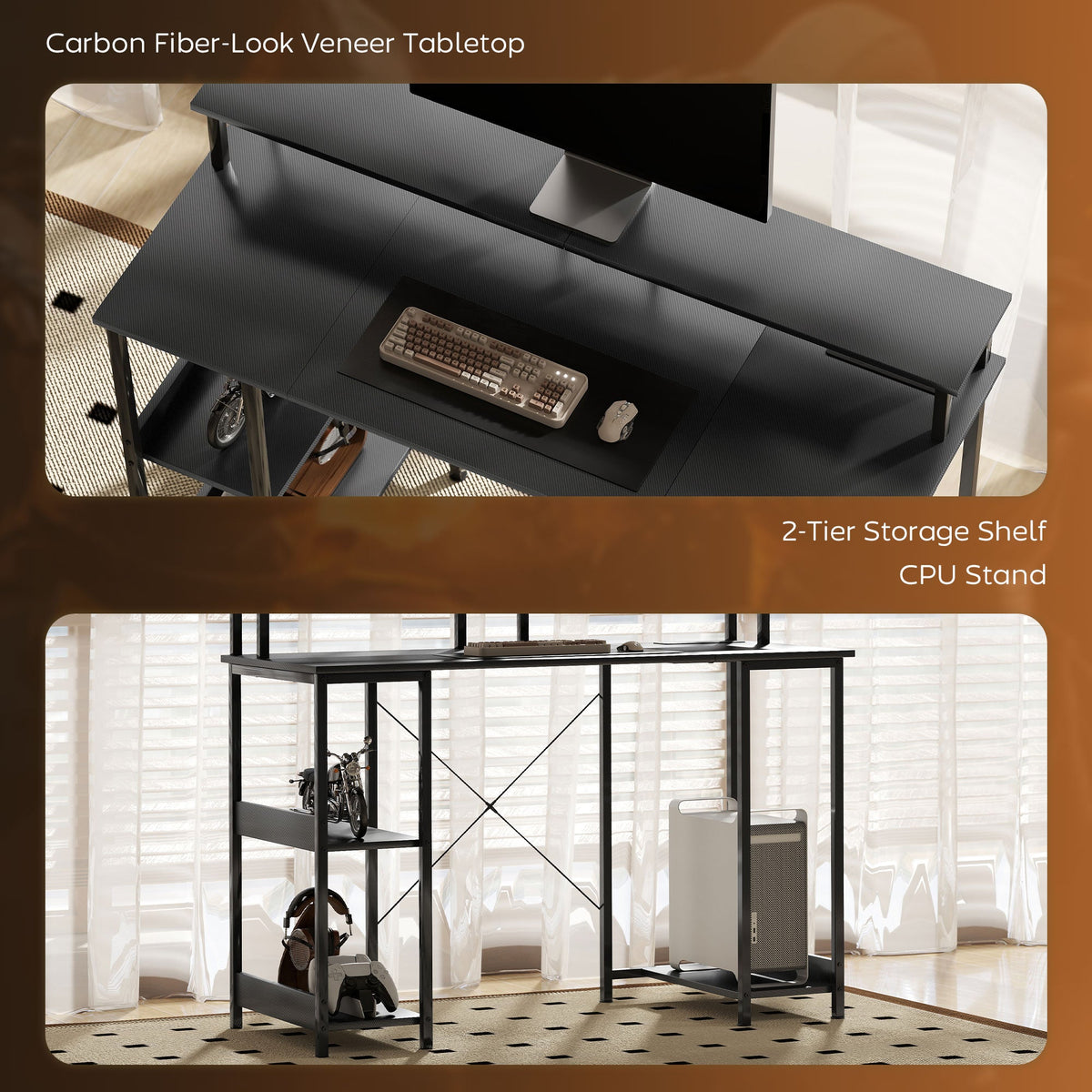 Grey desktop with two-tier storage shelf and CPU stand under the table