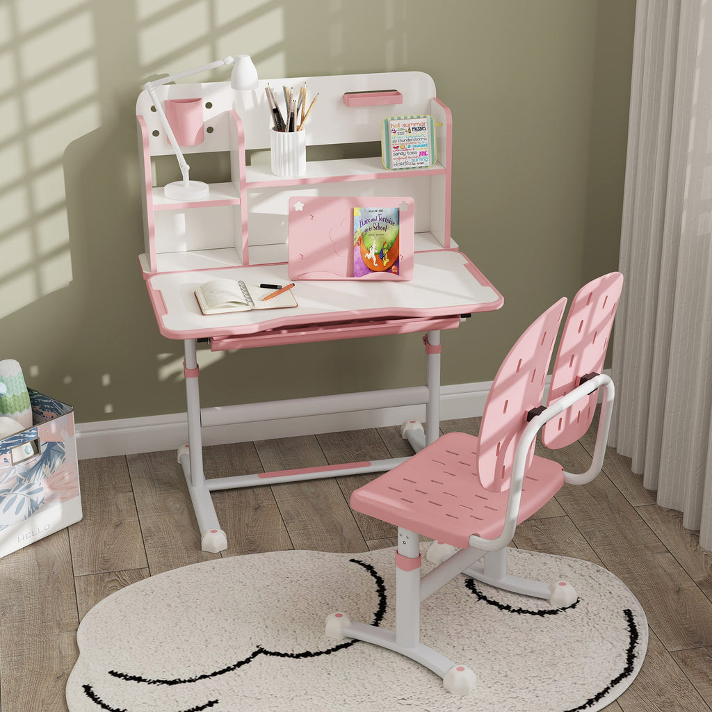 Pink kids desk set with reading rack and pull-out drawer, matching chair with footrest