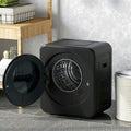 Black front-load vented tumble dryer with round door and stainless-steel drum window