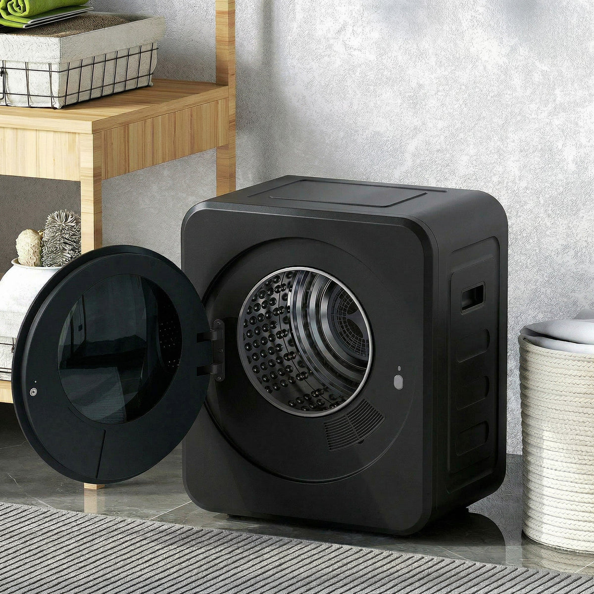 Black front-load vented tumble dryer with round door and stainless-steel drum window