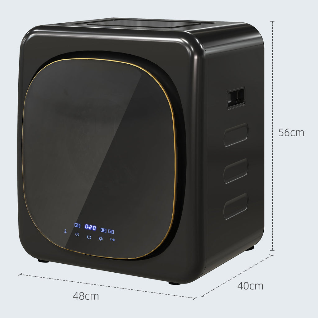 Black compact tumble dryer, front round door with yellow trim and control display