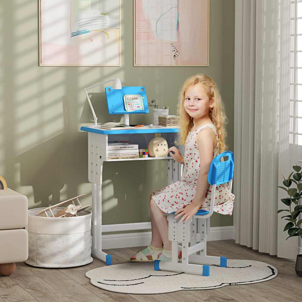 Kids adjustable desk and chair set with blue tabletop and chair in a home play area