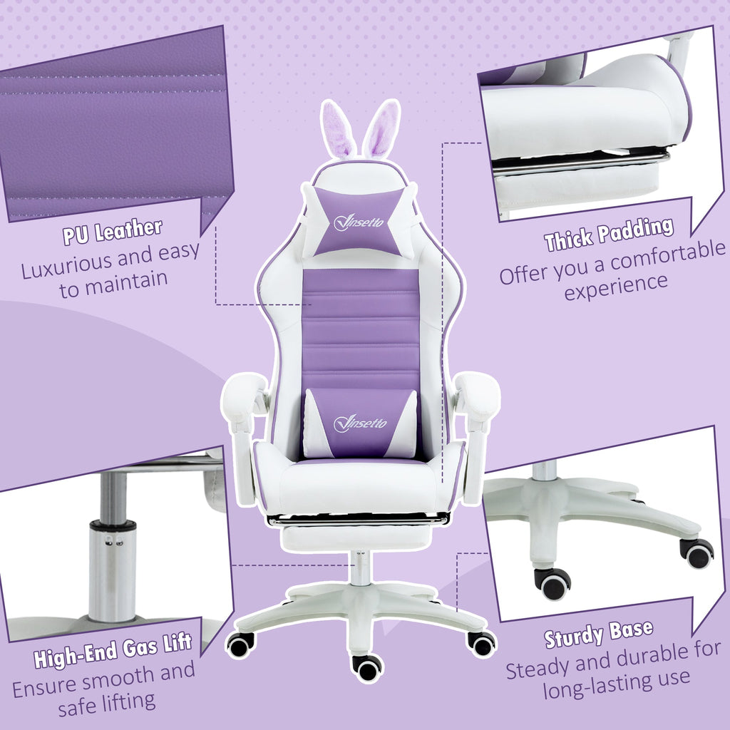 Purple and white racing gaming chair with thick padding, gas lift base, and footrest.