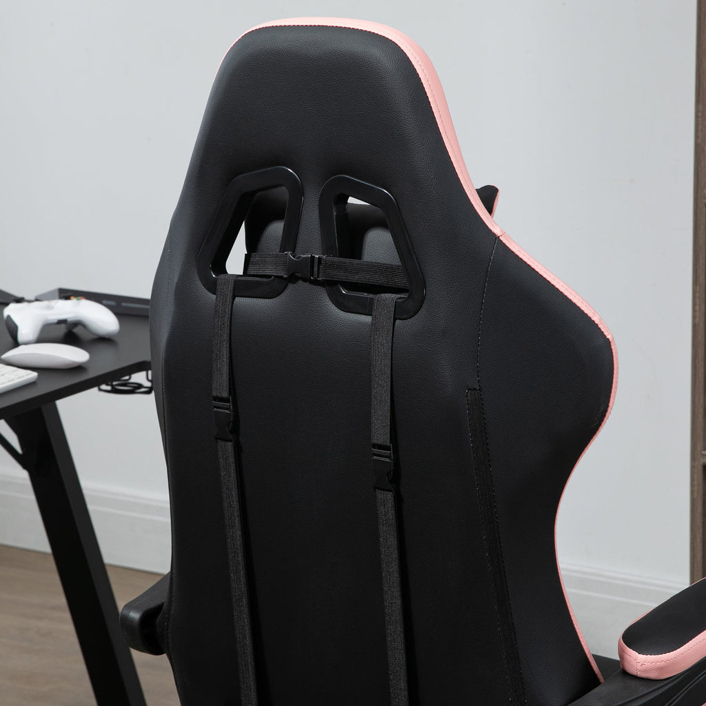 Close-up of black gaming chair back with pink trim and adjustable headrest support straps